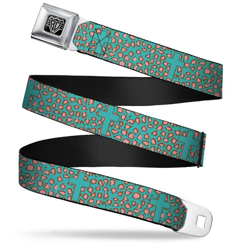 3395 Seatbelt Belt Cross Repeat Leopard Turquoise/Pink 1.0" Wide